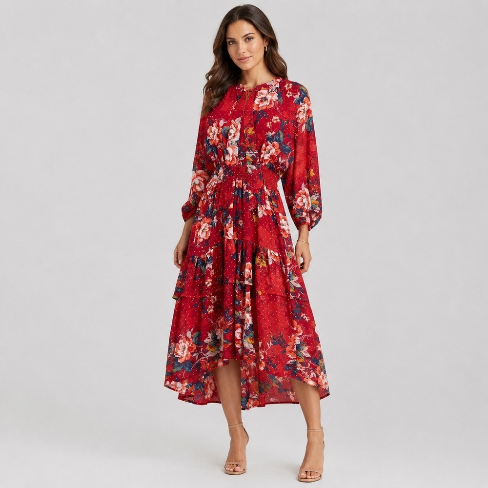 Figueroa & Flower Red Floral High Low Midi Dress Tie Neck Smocked Waist Small
